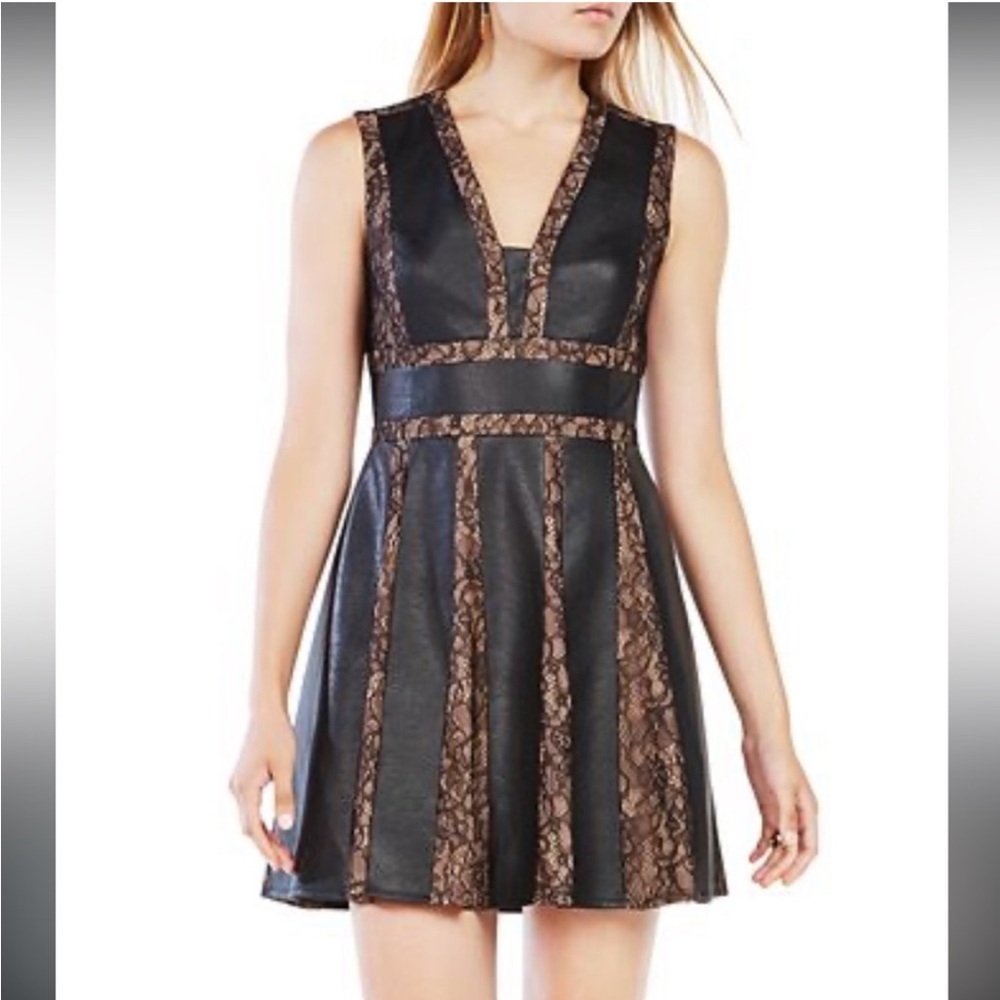 BCBG MaxAzria Faux Leather Lace Mini Dress Black Tan V-Neck A-Line Size 12